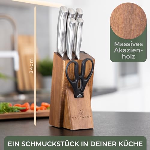 WALDWERK Messerblock - 7-teiliges Messerset mit Messerblock und integriertem Messerschärfer - Block mit Messer - Küchenmesser Set - Messerset mit Block - Messer Set