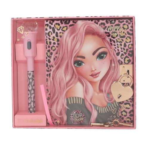 Depesche 13216 TOPModel - Agenda en Rosa con Motivo de Modelo, Estampado Leo y Detalles Dorados, Libro con Cierre de corazón, bolígrafo Secreto y páginas rayadas