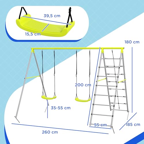 Outsunny Rama do huśtawki do 180 kg 3-w-1 huśtawka dla dzieci z 2 huśtawkami, siatką wspinaczkową, drabinką, zewnętrzna konstrukcja do huśtawki z metalowym stelażem, huśtawka ogrodowa dla dzieci w