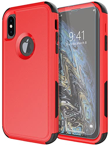 Diverbox for iPhone X Case/iPhone Xs Case [Shockproof] [Dropproof] [Tempered Glass Screen Protector ] Heavy Duty Protection Phone Case Cover for Apple iPhone X/XS (Red)