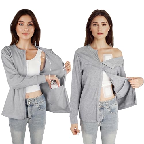 Womens Chemo Port Access & Mastectomy Recovery Shirt - Post-Surgery Top with One-Hand Shoulder Zip Long Sleeve (US Alpha Small Regular Regular Gray)