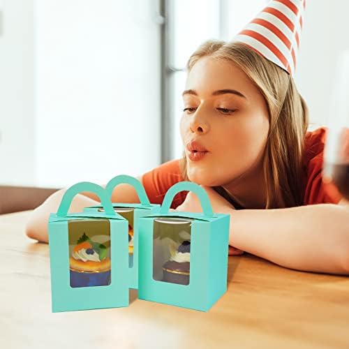Soneinex 24 Pcs Single Cupcake Boxes Individual Cupcake Boxes 1 Hole Cup Cake Box with Window and Inserts for Wedding Birthday Party Favors(Blue)