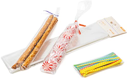 100 Pcs Clear Plastic Cellophane Bags Goodie Bags [2x10] - Party Favor Bags | 4" Twist Ties | Pretzel Bags with Ties | Candy Bags | Clear Gift Bags | Treat Bags with Ties | Cellophane Treat Bags