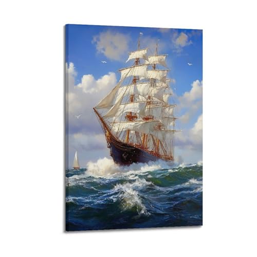 Poster vintage de peinture à l'huile sur toile Motif bateau à voile 20 x 30 cm