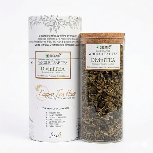 Image of Kangra Tea House DiviniTEA (Combo Pack of 2 100g) Artisanal Whole Leaf Tulsi Green Tea | GI Tagged & NPOP Organic Certified | Tulsi & Adaptogens for Energy & Stress Relief | First Flush, 0 Bitterness | From Palampur, Himachal Pradesh