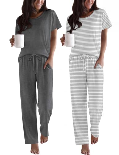 Image of Ekouaer 2 Pack Pajamas for Women Set Short Sleeve Sleepwear Top and Pants Pjs Soft Printed Lounge Sets with Pockets