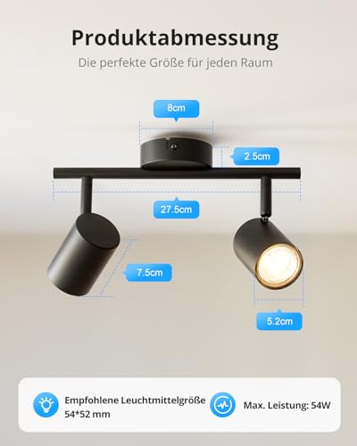 Gr4tec Deckenstrahler LED 2 Flammig, Modern Deckenlampe Strahler Schwenkbar, Metall Deckenleuchte GU10, Wandstrahler Schwarz für Küche Flur Büro Schlafzimmer (Ohne Leuchtmittel)