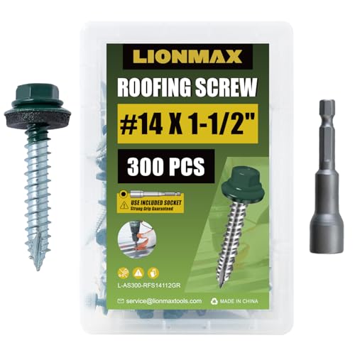 LIONMAX Metal Roofing Screws #14 x 1-1/2 Inch, 300PCS, Green, Rubber Washer