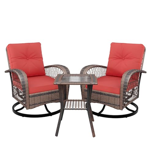 Swivel Rocker Patio Chairs Set of 2 with Side Table, 3 Pieces Patio Wicker Glider Chairs with Thickened Cushions, Outdoor Wicker Rocker Patio Chair Set for Balcony Front Porch Poolside Garden, Red