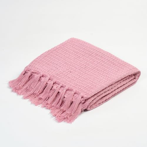 Image of Handloom Cotton Throw for Sofa & Bed | Soft Lightweight Boho Blanket | Decorative All-Season 100% Cotton Sofa Throw - 50x60 inch (Pink)