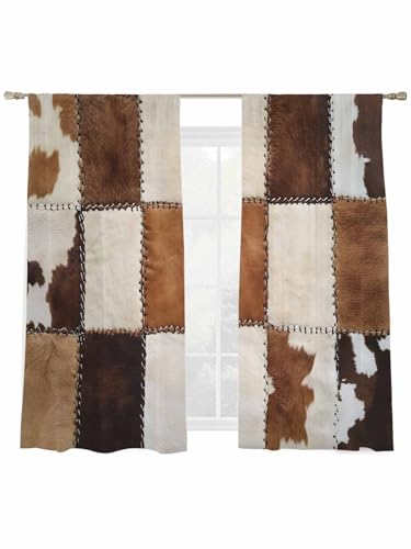 Sheer Curtains Cowhide 2 Panels Voile Window Drapes Cow Fur Print Farm Animal Skin Brown Light Filtering Window Treatments Semi Sheer Curtain Panels for Living Room Bedroom Bathroom 52x63 inches