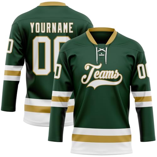 Youth Personalized Hockey Pullover Jersey for Boys, Custom Practice Sweater & Uniforms for Kids Girls & Adult Women Men, Breathable Top with Custom Number & Name Apparel Shirts,Dark Green, Gold, White