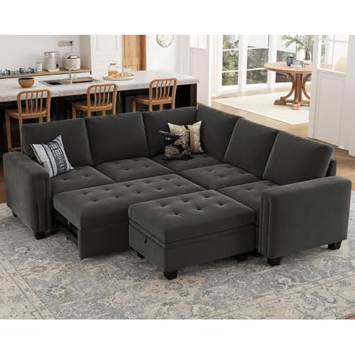 Belffin Velvet Modular Sectional Sofa with Reversible Storage Ottoman Chaise Convertible Pull Out Couch L Shaped Sectional Sleeper Sofa Bed for Living