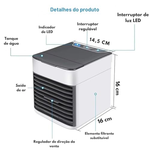 Mini Climatizador Portatil de Mesa Umidificador Ventilador Purificador Usb Reservatório Agua e Gelo