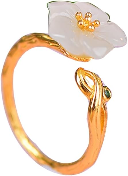 S925 Silver Inlaid Natural White Jade Plum Blossom Ring Adjustable Opening Including Certificate