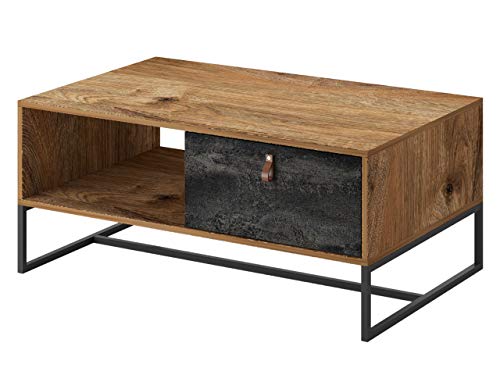 Preisvergleich Produktbild Mirjan24 Couchtisch mit Schublade Darkan DL104, Kaffeetisch, Teetisch, Wohnzimmertisch, Beistelltisch, Industrial Design, Stylischer Sofatisch (Eiche Ribbec / Eiche Ribbeck + Schwarz Stein)