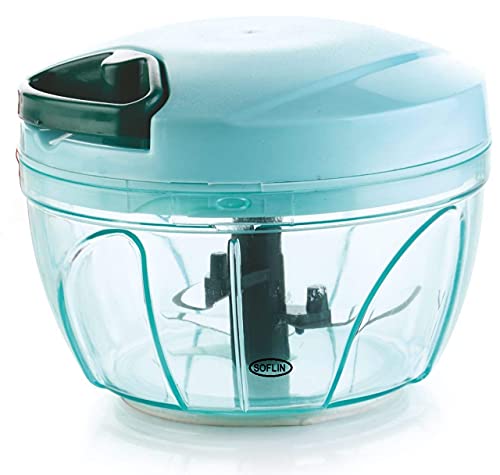 Image of SOFLIN Handy Mini Plastic Chopper Vegetable Cutter with 3 Blades and Pull Handle Fruit Cutter Fruit Chopper Chilly Chopper Onion Cutter (Multicolor)