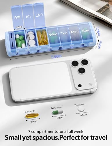 Image of Vaydeer Metal Travel Pill Organizer - Compact Weekly Pill Box for Daily Medication - Portable Small Pill Case for Vitamins, Pills & Supplements (Black)