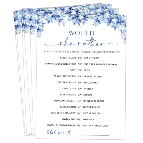 Image of Would She Rather Bridal Shower Games, 25 Blue Floral Wedding Shower Game Cards Set, Engagement Party Game for Guests, Wedding Games for Reception, Minimalist Marriage Party Supplies-01