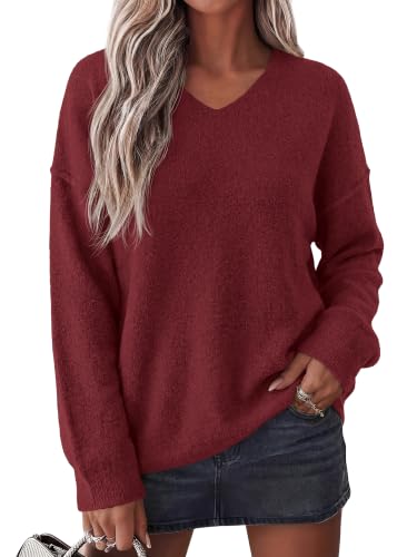 BTFBM Women's Loose Knitted Casual Sweaters,Burgundy,M
