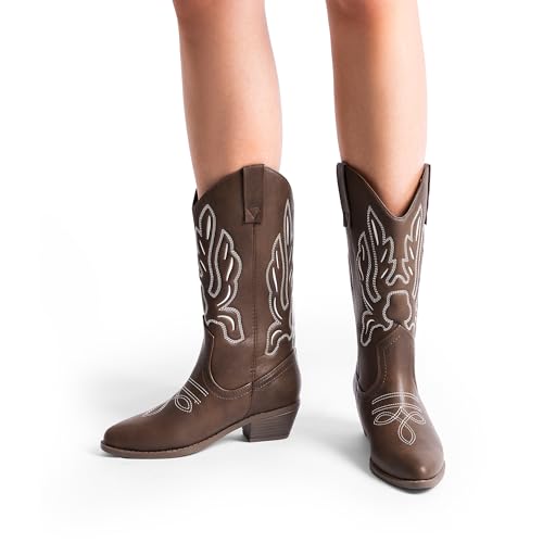 DREAM PAIRS Women's Cowboy Boots Mid Calf Cowgirl Boots Embroidery Stitched Western Boots,Size 7.5,Brown-Pu,DWUMMB2419