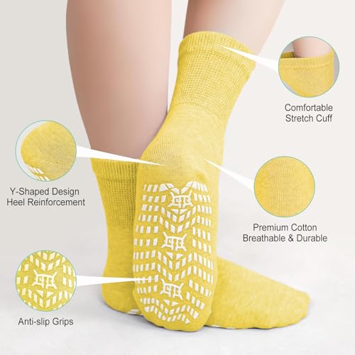 Image of CaiDieNu Non Slip Socks for Women: Non Skid Grip Socks for Elderly Hospital | Non Binding Grippy Crew Slipper Socks for Pregnant & Daily Wear, Wide Grippers Prevent Falls, Great Gifts for Seniors 5 Pairs