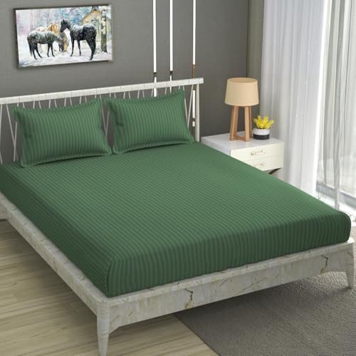 Homefab India 160 TC Stripe Cotton Feel Glace Cotton Elastic Fitted King Size Double Bed Bedsheet with 2 Pillow Covers Fits Upto 6 inches Mattress, Size-72X78 inches, Dark Green