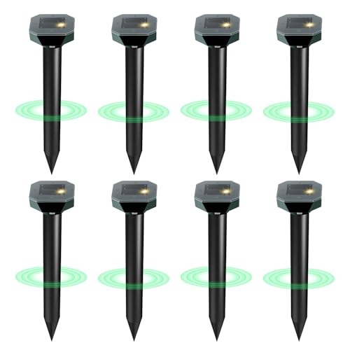 Snake & Mole & Rabbit & Skunk Repellent Solar Powered, Upgraded Ultrasonic Deterrent, IP65 Waterproof, Gopher Groundhog Chipmunk Raccoon and Vole Repellent & Deterrent for Lawn & Garden, 8 Pack