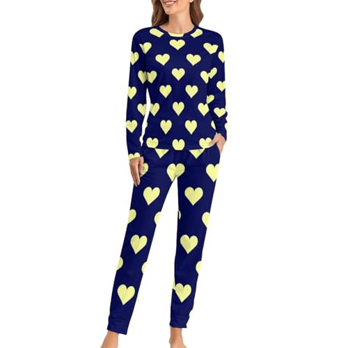 Pyjama femme Coeur Jaune ensemble sleepwear t-shirt manches longues pantalon de nuit