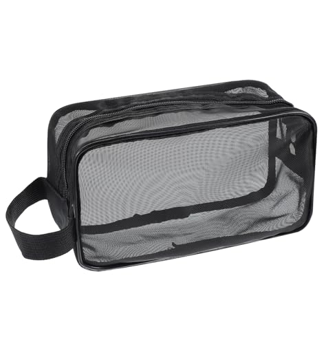 Thrymme Mesh Toiletry Bag, Gym Toiletry Bag for Traveling Waterproof & Quick-Dry Hanging Organizer with 3 Pockets, 5 x 9 Inches, Black