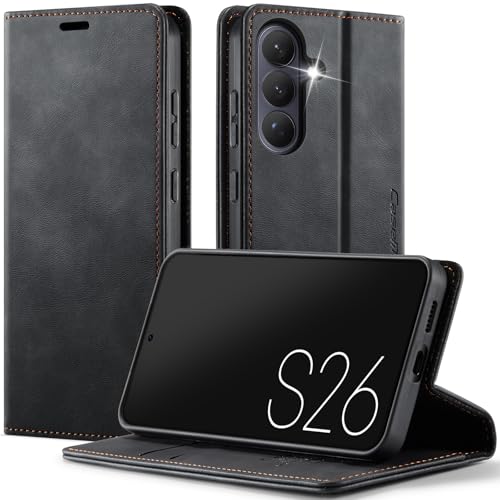 Étui Samsung S26 5G rabat cuir noir housse de protection antichoc RFID