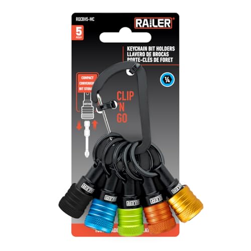 Railer Bit Holder Keychain 5pc - 1/4 inch Hex Shank Bit Holders - Quick-Change Design for Nut Driver, Screwdriver & Drill Bits, Include Keychain Carabiner (Multi-Color)