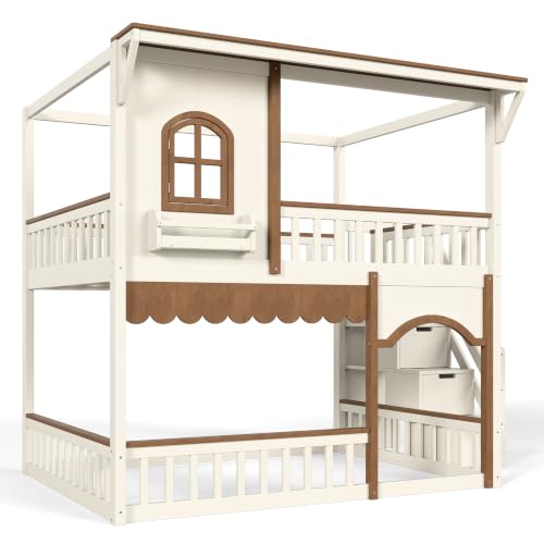 Bellemave Bunk Bed Full Over Full with Storage Stairs and Bookshelf, House Bunk Beds with Window for Kids, Teens, Detachable, Beige & Natural by Bellemave - Used condition - Image 5