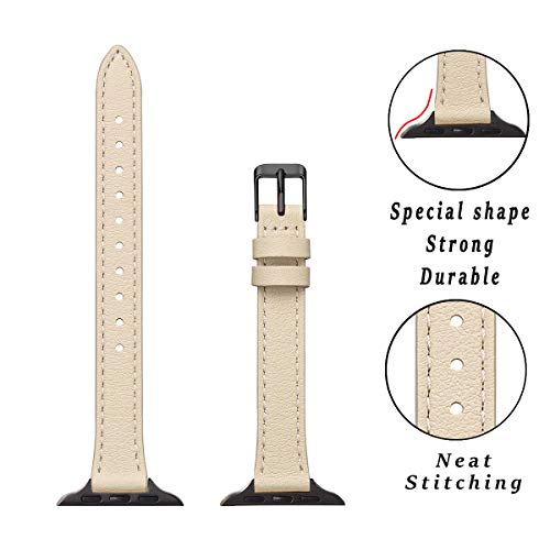 Image of STIROLL Slim Leather Bands Compatible with Apple Watch Band 38mm 40mm 41mm 42mm(Series 11 10), Top Grain Leather Watch Thin Wristband for iWatch SE 9 8 7 6 5 4 3 2 1 (Beige Black)