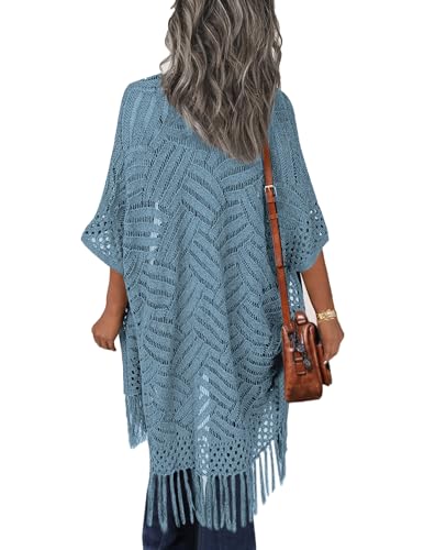 Image of HOTOUCH Womens Knit Cardigan Open Front Outwear Hollow Out Crochet Tassel Lightweight Kimonos Sweater S-XXL