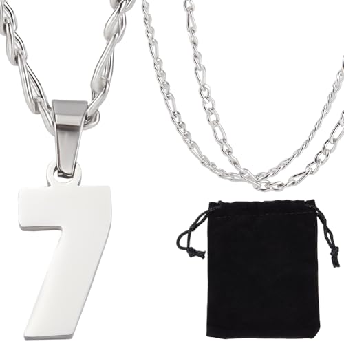 Beebeecraft 1 Caja Número 7 Colgante Collar Plata Metal 304 Acero Inoxidable Atletas Camiseta Deportes Números de la Suerte Cadena Collares para Béisbol Baloncesto Fútbol Equipo Inspiración Joyería