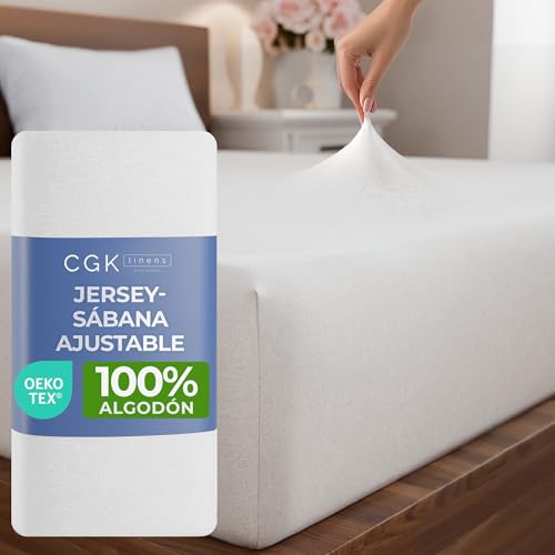 Sábana Ajustable 90x200 cm – Sábana de Jersey elástica 100% algodón Natural, certificada Oeko-Tex, Premium, Suave, Ropa de Cama de algodón, para colchones de muelles hasta 30 cm – Blanco