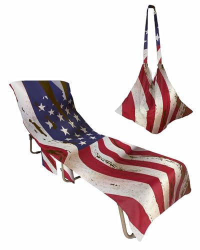 American Flag Beach Lounge Chair Towel Cover, Soft Chaise Lounge Towel with Side Pockets Patio Pool Chairs Cover for Beach/Pool Sunbathing 29x85 Independence Day 4th of July Vintage