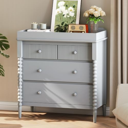 Image of JOINICE Grey Nursery Dresser with Changing Table, 4 Drawers for Storage | Jenny Lind Spindle Style Dresser and Removable Baby Changing Station Combo for Kids Bedroom, Anti-Tip Kit for Safety
