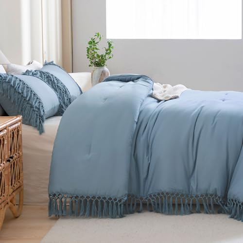 Image of Andency Grayish Blue Comforter Set Queen, 3 Pieces Boho Tassel Lightweight Soft Bedding Comforter Sets, All Season Fluffy Fringe Bed Set (90x90In Comforter & 2 Pillowcases)