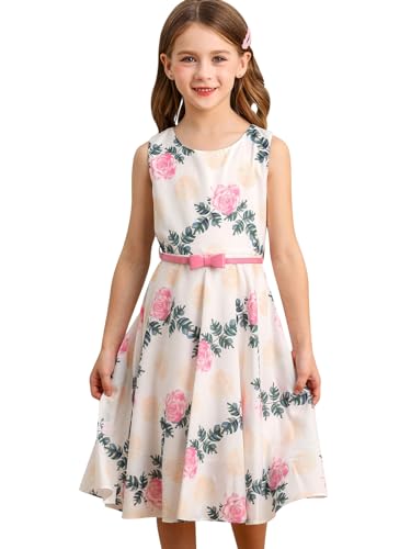 BONNY BILLY Vestido Niña Fiesta Boda Ceremonia Estampado Floral Vintage Verano Sin Mangas con Cinturón 10-11 Años Flor Rosa