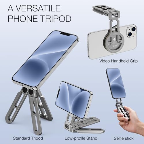 Magnetic Pocket Phone Tripod Foldable Compatible with Magsafe iPhone 15/14/13/12 Plus Pro Max Series, Upgrade Mini Cell Phone Tripod Mount Handle Smartphone Desk Stand Travel All in One