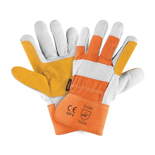Truper Guante Americano de Piel con Refuerzo, Mediano, Naranja, Palma Revestida, Cuero, Reutilizable, Resistente al Agua, Talla Unica, Guantes de Lona y Cuero, Luvas de Trabajo, Construcción, Mecánico