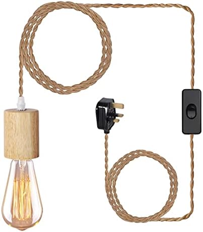 Yewclls Wood Pendant Light Cord Kit with Switch, 15FT Vintage Industrial Hanging Light Plug in Pendant Lamp Cord with Twisted Nylon Rope E26 E27 Socket for Farmhouse Home DIY [Energy Class A+++]