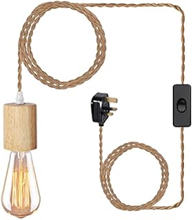 Yewclls Wood Pendant Light Cord Kit with Switch, 15FT Vintage Industrial Hanging Light Plug in Pendant Lamp Cord with Twisted Nylon Rope E26 E27 Socket for Farmhouse Home DIY [Energy Class A+++]