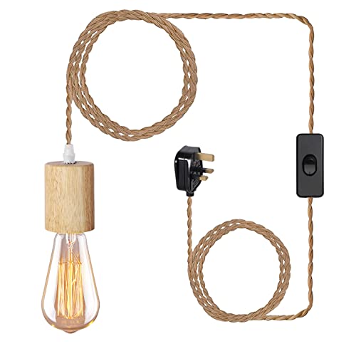Yewclls Wood Pendant Light Cord Kit with Switch, 15FT Vintage Industrial Hanging Light Plug in Pendant Lamp Cord with Twisted Nylon Rope E26 E27 Socket for Farmhouse Home DIY [Energy Class A+++]