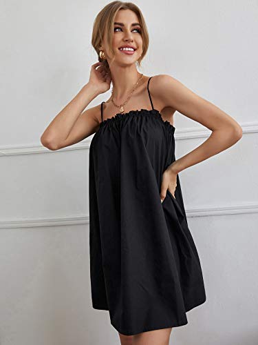 Image of OYOANGLE Women's Spaghetti Straps Sleeveless Loose Ruffle A Line Cami Short Dress with Pocket