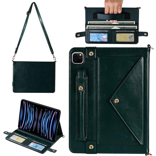 Handbag Case for iPad Air 13" & Pro 12.9" 2018-2022, Techcircle PU Leather Folio Stand iPad Crossbody Wallet Case with Pencil Pocket, Card Slots, Hand Strap+Shoulder Strap, Midnight Green by Techcircle - Used condition - US$32.31