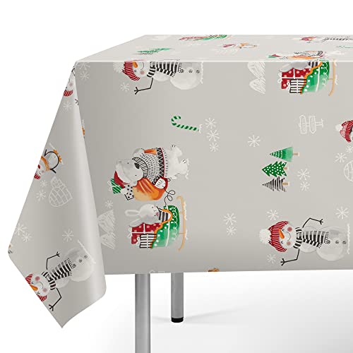 Jolee Tablecloths Christmas Wipe Clean PVC Vinyl Large Tablecloth Cover - Rectangle, Square, Round Xmas PVC Wipe Clean Tablecloth - (Grey Snowmen, Penguins & Polar bears, 140cm Round)