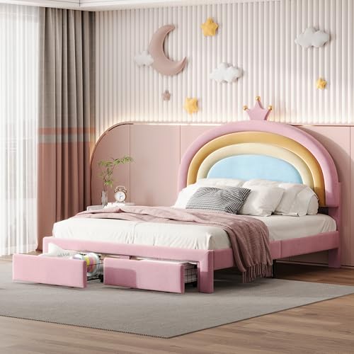 ROISDIYI Full Size Upholstered Rainbow Design Bed for Kids, Velvet Princess Platform Bed with Storage Drawer, No Box-Spring Needed,Colorful&Pink (Full)